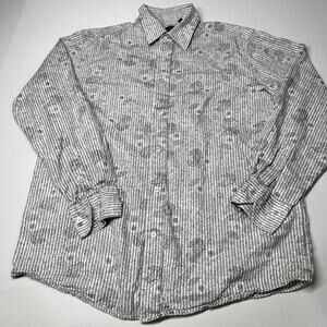 MB STUDIO Button Up Shirt Mens Size L Gray White Cotton Floral Striped Casual